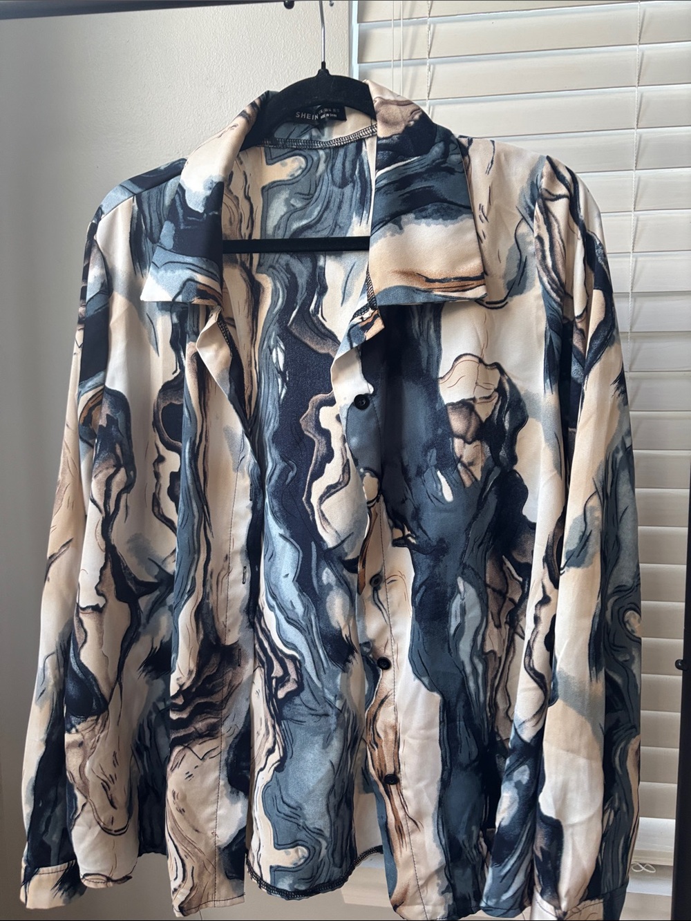 SHEIN Marble Swirl Button-Up Shirt in Navy, Cream, and Tan